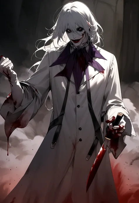 Create a new scary version of scary joker,with shoulder length hair,he is all stained with blood,and dust,he holds a knife,evil har,and he&#39;s wearing a straitjacket.