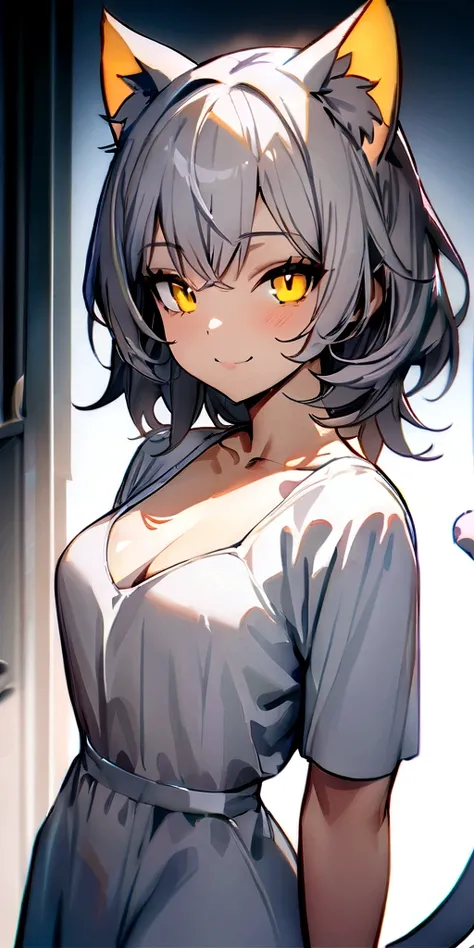 ((masterpiece)), ((best quality)), (half-body shot:1.36), perfect anatomy, 1girl, solo, cat girl, gray hair, yellow eyes, gray cat ears, gray fluffy cat tail, short-sleeved white dress, smiling, lighting from front, looking at viewers