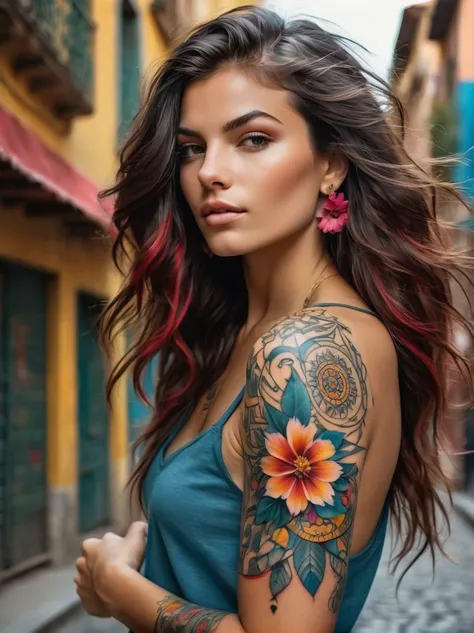 (Rebel Italian girl)，Brightly colored tattoos on arms:1.3)，provocative gestures，medium flowing hair，The happy expression is bold and bright should be surrounded by intricate，Detailed flowers and mandalas，anatomically correcte, texturized skin, In front of ...