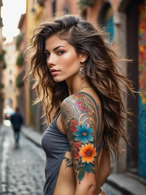 (Rebel Italian girl)，Brightly colored tattoos on arms:1.3)，provocative gestures，medium flowing hair，The happy expression is bold and bright should be surrounded by intricate，Detailed flowers and mandalas，anatomically correcte, texturized skin, In front of ...