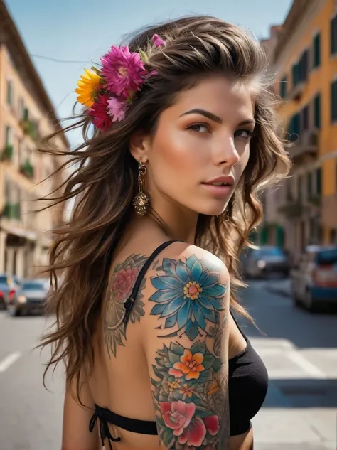 (Rebel Italian girl)，Brightly colored tattoos on arms:1.3)，provocative gestures，medium flowing hair，The happy expression is bold and bright should be surrounded by intricate，Detailed flowers and mandalas，anatomically correcte, texturized skin, In front of ...