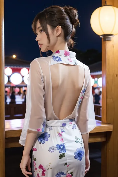 1 woman, hair up, short bob, 28 years old, Japanese, brown eyes, brown hair, slim figure, flat chest,
Blake
See-through yukata, summer festival, night, girls back view,