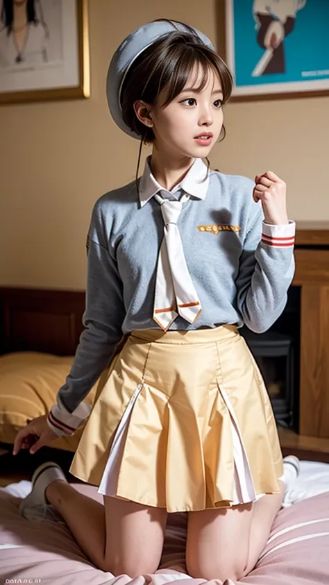 (masterpiece, best quality: 1.2),(very detailed face, real image, realistic skin, realistic body, intricate details),1 woman, Kinomoto Sakura, brown hair, alone, skirt, green eyes, Short hair, have, white skirt, white hat, Magic Girl, Antenna hair, laugh, ...