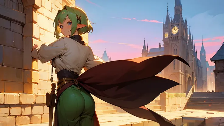 Anime Style,Nostalgic,Detailed background,The medieval world,A lively bar with lots of people,Beautiful sky,A beautiful bard elf girl looking back at me,Protruding buttocks