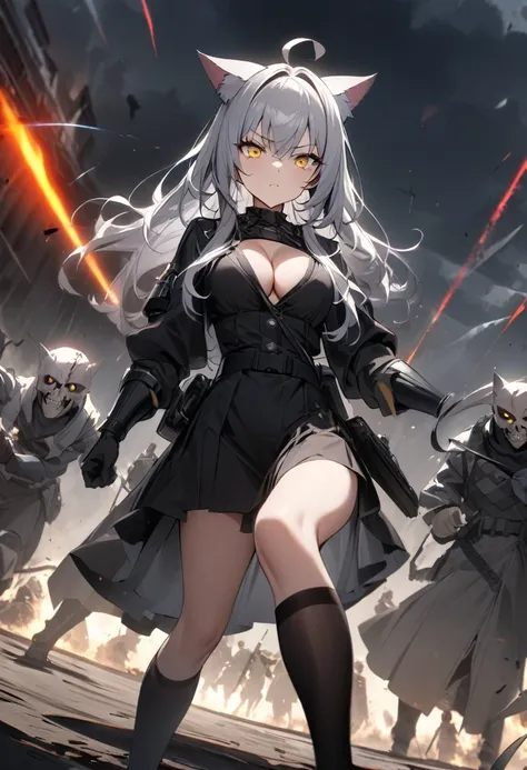 Turn off the radio、Shout into the radio、Dark Dynamic Angle、Raising the German flag、Suspicious Gathering、Surrounded by enemies、(masterpiece, best quality:1.2), 1girl, 独奏、Gray cat ears、Grey long hair、Ahoge、Yellow Eyes、Gray cat ears、Background of military bas...