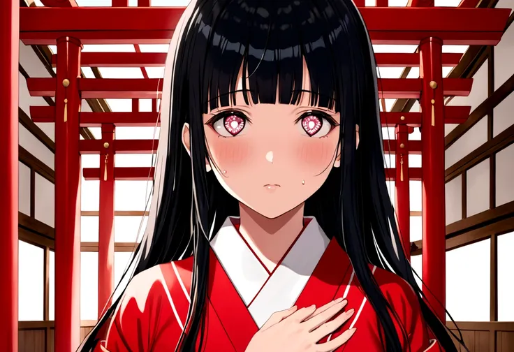 (sweaty skin) (standing, in the Fukuoka hakata city), (pov close up face) solo:2, 15 yo, ((blunt bangs)) (black hair long hair panic:1.4 shrine maiden girl), ((heart shaped pupils white eyes)), hand put on own chest, in a shrine maiden clothes, BREAK, perf...