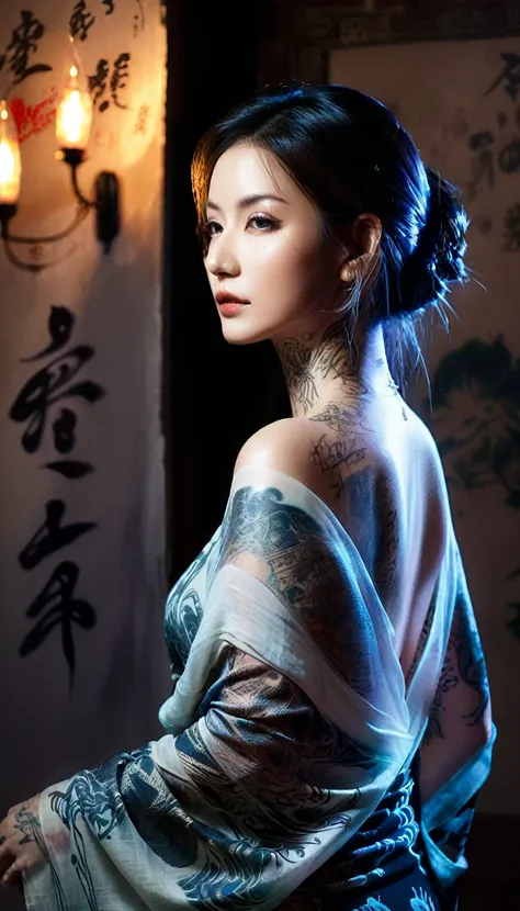 double exposure style,volumetric lighting,a girl (supermodel) with wrap top,arching her back, beautiful tattoo, traditional atti...