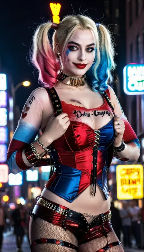 Create a realistic image of a woman, (large breasts:1.6), athletic build, hourglass figure, dressed as a Harley Quinn-inspired character. She has blonde hair styled in two pigtails, with the ends dyed red and blue. She wears a red and black corset top with...