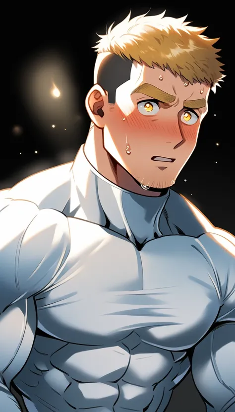 anime characters：Tights superhero, Muscle superhero, 1 muscular tough guy, Manliness, male focus, Mike White high collar long sleeve tight T-shirt, Very tight, The clothes were soaked with sweat, Upright, round and full chest muscles, Male dog waist, Sligh...