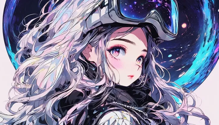 (best quality, sketch:1.2), epic realistic,(ultra details ayes),illustrator,anime,1 girl, detailed lips,custom, gradient background,neon hair,textured cropping, masterpiece, anime, a woman standing looking at a black hole, fantasy world, trending on art st...