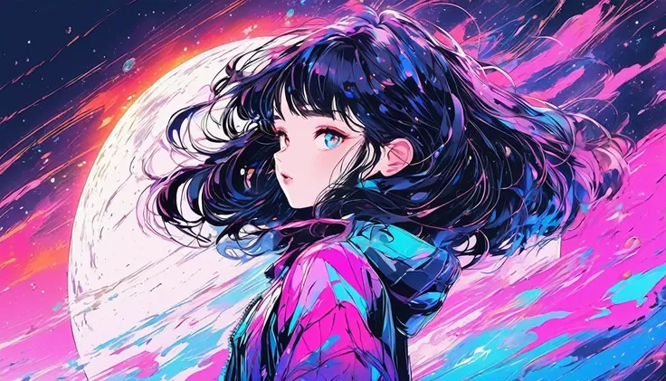 (best quality, sketch:1.2), epic realistic,(ultra details ayes),illustrator,anime,1 girl, detailed lips,custom, gradient background,neon hair,textured cropping, masterpiece, anime, a woman standing looking at a black hole, fantasy world, trending on art st...