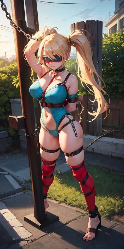 (masterpiece, best quality), intricate details, 1sologirl Cammy White from Street Fighter (standing full body toe to head by wooden pole:1.2) iron collar, arms behind back, iron cuffs, shackles, bound, bondage outfit, harness, o-ring, bondage outfit blindf...