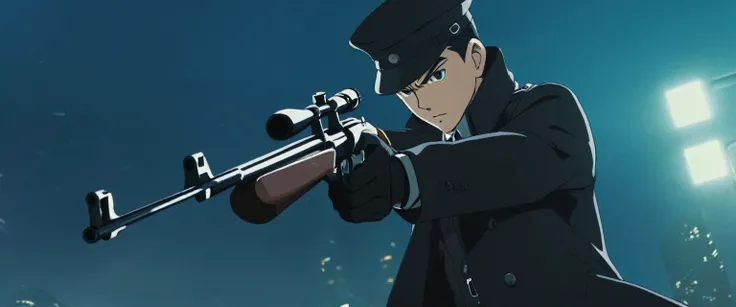 score_9, score_8_up, score_7_up, source_anime, detailed, 8k, cinematic angle, rating from side, safe, Wide shot, 1boy, Eliot Ness in Black Trench Coat is holding a submachine gun to viewer,