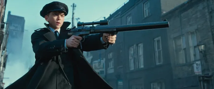 score_9, score_8_up, score_7_up, source_anime, detailed, 8k, cinematic angle, rating from side, safe, Wide shot, 1boy, Eliot Ness in Black Trench Coat is holding a submachine gun to viewer,