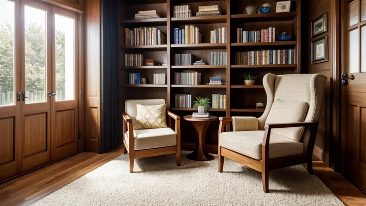 A cozy reading nook with a comfortable armchair bathed in warm, natural light from a nearby window. On a small wooden table next to the chair, theres a smartphone displaying the Audible app interface. The screen shows a book cover and playback controls, in...