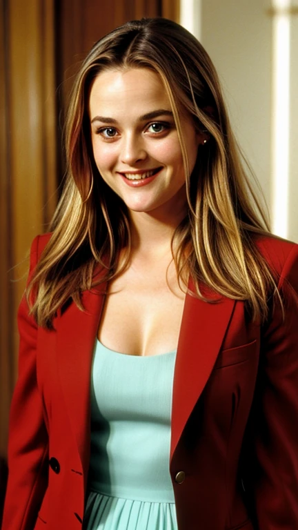 Alicia Silverstone dressed in rich clothes and a smile