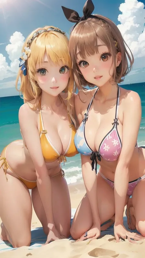 Anime Girls in bikinis on the beach with a blue sky, At the Beach, two beautiful Anime Girls, Naughty, Anime Girls, At the Beach, Naughty アニメ style, tits, At the Beach, Swimwear, Beeching, Realistic Bikini, 太陽が輝くAt the Beach, Lizalynn Stout、Claudia.Valent、...