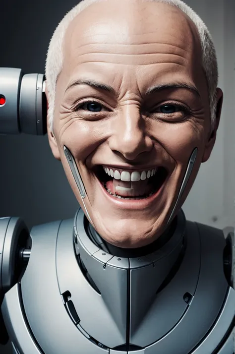 Robot creepily laughing on human brain by opening it