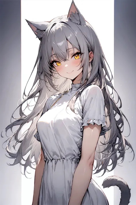 ((masterpiece)), ((best quality)), (from front), (half-body shot:1.36), perfect anatomy, 1girl, solo, cat girl, long gray straight hair, yellow eyes, gray cat ears, gray fluffy cat tail, short-sleeved white dress, smiling, lighting from front, looking at v...