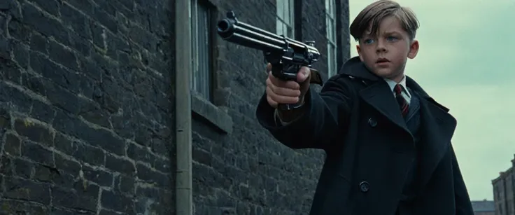 score_9, score_8_up, score_7_up, source_photo, photography, realistic, , detailed, cinematic angle, rating from side, safe, Wide shot, 1boy, Eliot Ness in Black Trench Coat is holding a submachine gun to viewer, masterpiece, 8k,