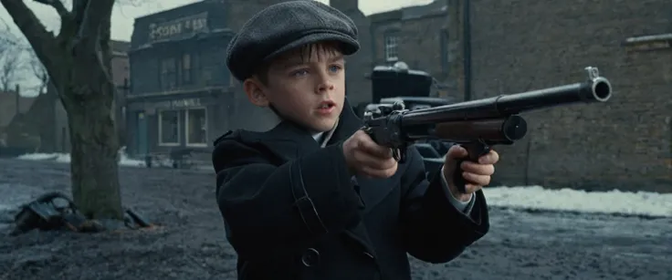 score_9, score_8_up, score_7_up, source_photo, photography, realistic, , detailed, cinematic angle, rating from side, safe, Wide shot, 1boy, Eliot Ness in Black Trench Coat is holding a submachine gun to viewer, masterpiece, 8k,