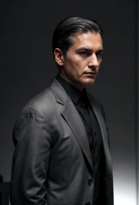 sixty years man, executive suit, thirty degrees left view, hand touch chin, 8k, stylish-elegant haircut, black silver hair, grey shirt, black coat, solid dark background, extremely detailed, dimmed backlight