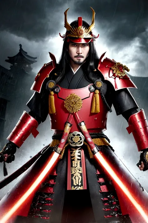 Full-body portrait of Oda Nobunaga in the rain. He is wearing an extravagant, brightly colored samurai armor with intricate gold designs and a flamboyant kabuto (helmet). His facial expression is cruel and menacing, with piercing eyes and a sinister smile,...