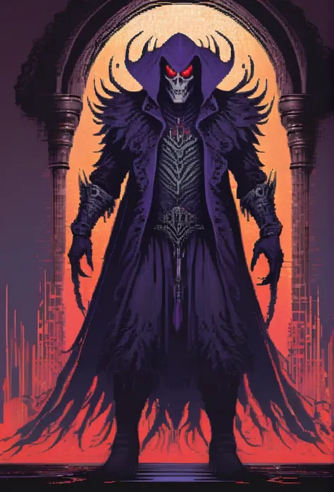 A menacing figure of "Vengeance" emerges from the dark shadows, illustrated in a unique 256-bit pixel art style. The character is depicted as a dangerous and mysterious creature, with an expanded color palette, giving the illustration a vibrant and smooth ...