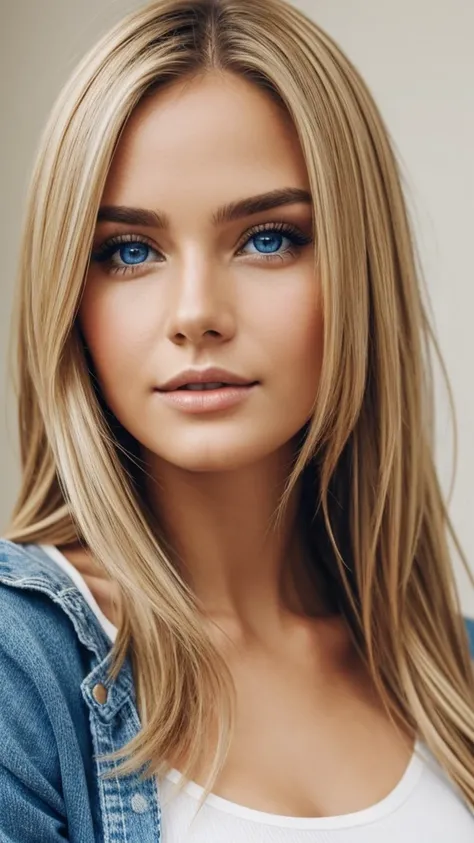 Girl with a beautiful look, blonde with blue eyes and realistic ,put filter to make the girl very realistic 