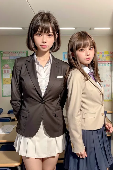 nsfw,One Woman、((Standing wearing a blazer and miniskirt school uniform))、Primary school students,((small breasts)),Highest quality、Very delicate and beautiful、((Very short bangs))、((Bangs))、明るいつやのある茶色の髪のHighest quality、Very delicate and beautiful、((Very s...