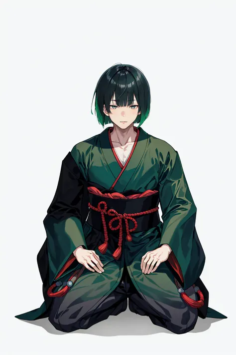 1 boy, 24 years old, full body, blunt bangs, bob cut, dark green hair, ((transparent background)),(solo),standing,{{{{Japanese monk}}}}},(wearing shoes on feet),{{wearing an article of clothing in the same manner as a kasaya}}},{{glaze}},{{Hair shine}},((i...