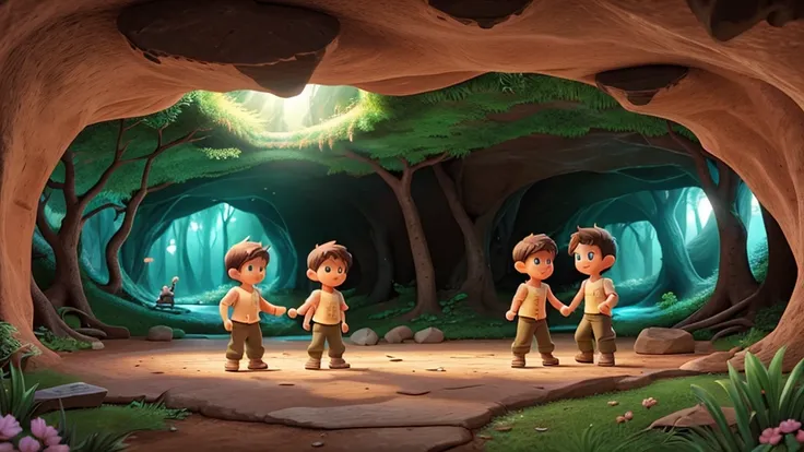 Kids playing in cave with his brother in middle of fairy forest