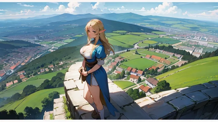 Anime Style,Nostalgic,Detailed background,The medieval world,Distant view from the top of the hill,Beautiful sky,Beautiful Elf Bard,Large Breasts,Healthy thighs