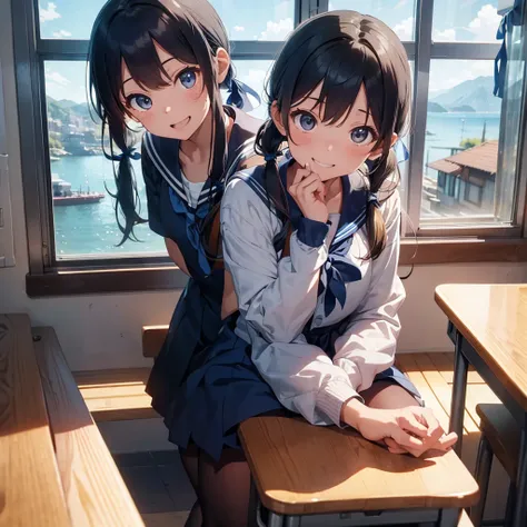 Highest quality, Very detailed, masterpiece, One Girl, Sitting in a chair Smiling, Open Mouth, 15yo, (low twintails:1.2), Low Pigtails, Black Hair, Long Hair, (Navy blue sailor suit with blue ribbon:1.4), Long sleeve, School desk, School Chair, classroom, ...