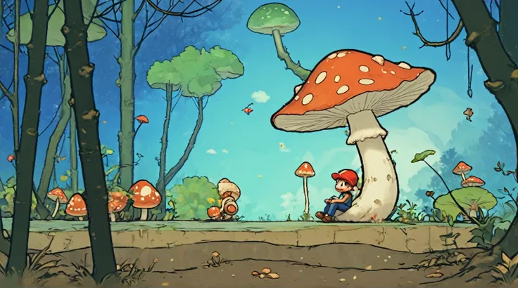 cartoon of a man sitting under a mushroom in a forest, game illustration, overgrown with fungi, mushroom forest, screenshots, vi...