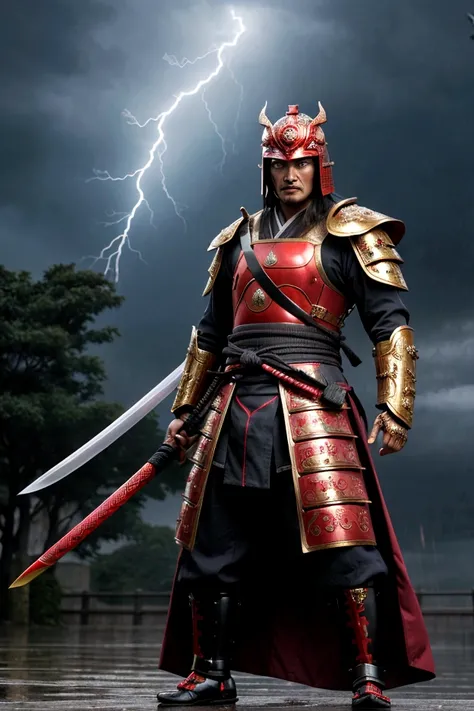 Full-body portrait of Oda Nobunaga in the rain.33 years old. He is wearing an extravagant, brightly colored samurai armor with intricate gold designs and a flamboyant kabuto (helmet). His facial expression is cruel and menacing, with piercing eyes and a si...