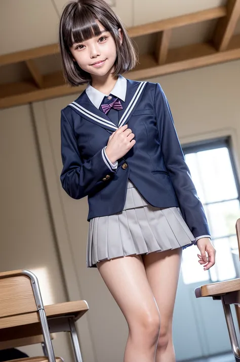 nsfw,One Woman、((Standing wearing a blazer and miniskirt school uniform))、Primary school students,((small breasts)),Highest quality、Very delicate and beautiful、((Very short bangs))、((Bangs))、明るいつやのある茶色の髪のHighest quality、Very delicate and beautiful、((Very s...