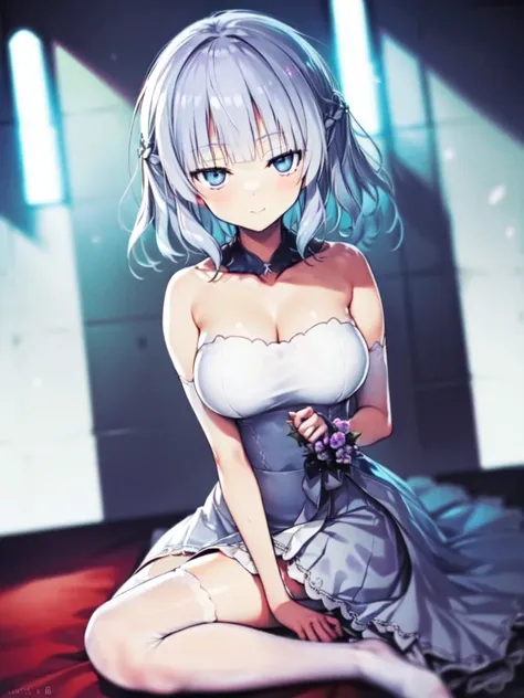 a girl，short hair, bangs, white hair, hair between the eyes, purple eyes:（1.5),  (large breasts:1.2), 
rest  锁骨, wedding dress，v...