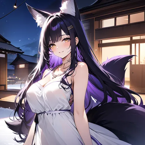 A woman wearing a luxurious white dress with dark purple details, purple heels, large breasts, exposed shoulders, dark purple hair, long hair, kitsune ears, kitsune tails, multi tails, dark purple tails, yellow eyes, smiling, close view, silver necklace on...