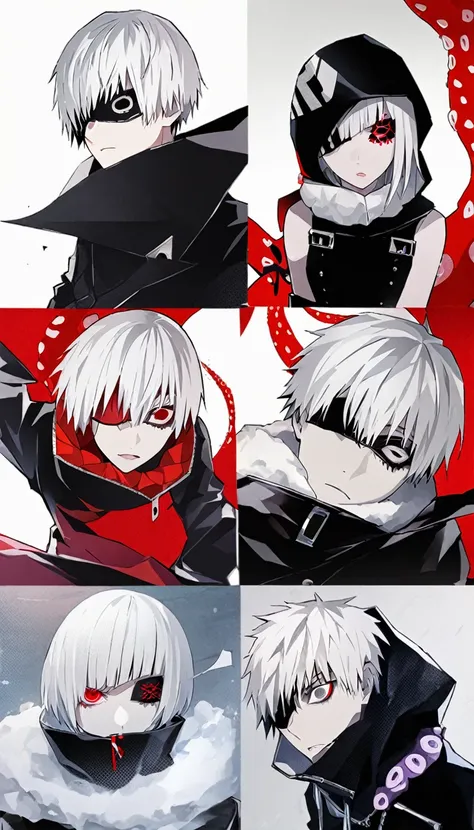 ```
ken kaneki, tokyo ghoul, white hair, black outfit, eyepatch, half-ghoul, serious expression, red kakugan eye, kagune tentacl...