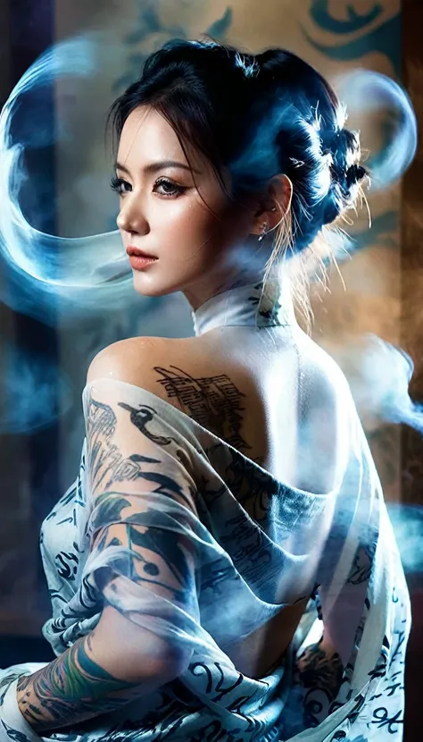 Double Exposure Style,Volumetric Lighting,a girl (Supermodel) with Wrap top,arching her back, beautiful tattoo, Traditional Attire,Artistic Calligraphy and Ink,light depth,dramatic atmospheric lighting,Volumetric Lighting,double image ghost effect,image co...