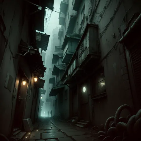 eerie , no humans, dreadtech , disturbing, scifi, manyeyedhorrorai, ,city,( alleyway with eyes:1.2)