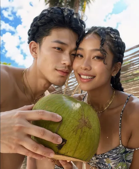 An Asian man with black, wavy hair messy and flying with a pout on his lips and a black woman smiling with the coconut straw they are holding and braids in her hair 