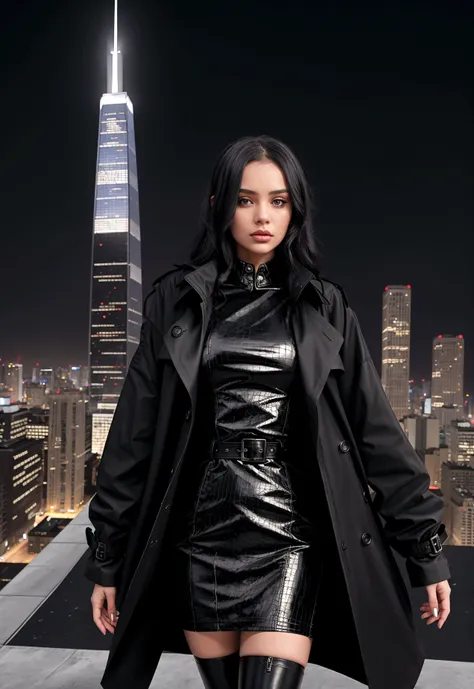 a cryptic girl in a black trench coat is standing on a sky scraper roof top