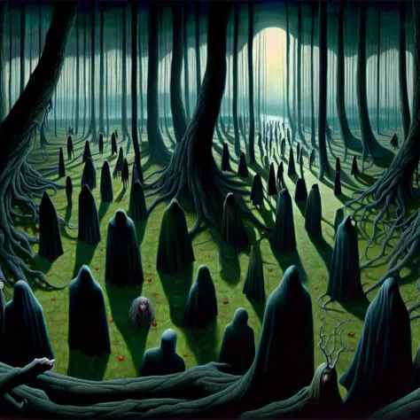 surreal-xl, absurd, bizarre, eerie, fanciful, fantastic, ludicrous, Shadow people watching us inside a dark horror forest, heroic lighting, folklore, intricate, highly detailed, lifelike, photorealistic, digital painting