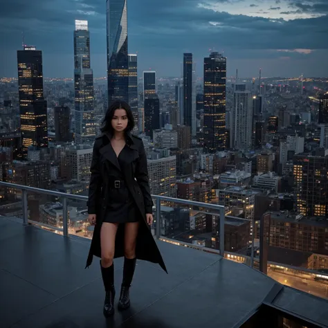 a cryptic girl in a black trench coat is standing on a sky scraper roof top