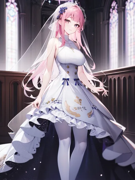 a girl，long hair, bangs, pink hair, hair between the eyes, s eyes:（1.5),  (large breasts:1.2), 
rest  锁骨, wedding dress，veil，wed...