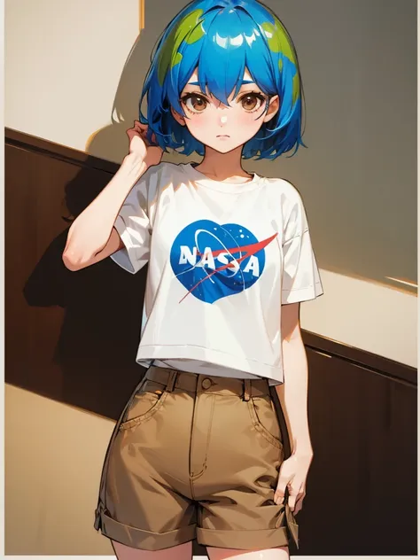 earth-chan, white shirt, short sleeves, brown shorts, cowboy shot, highly detailed, hd, 4k, masterpiece