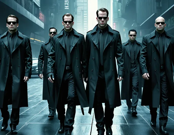 agent smith, a group of ten identical men in black trench coat, matrix style, futuristic city center,  fully detailed, high qual...