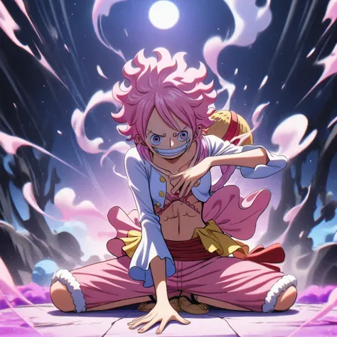 1girl, monkey d. luffy, one piece,
pink hair, pink eyes, white and pink mix, pink long skirt,
shes on a seiza pose, an empty and...